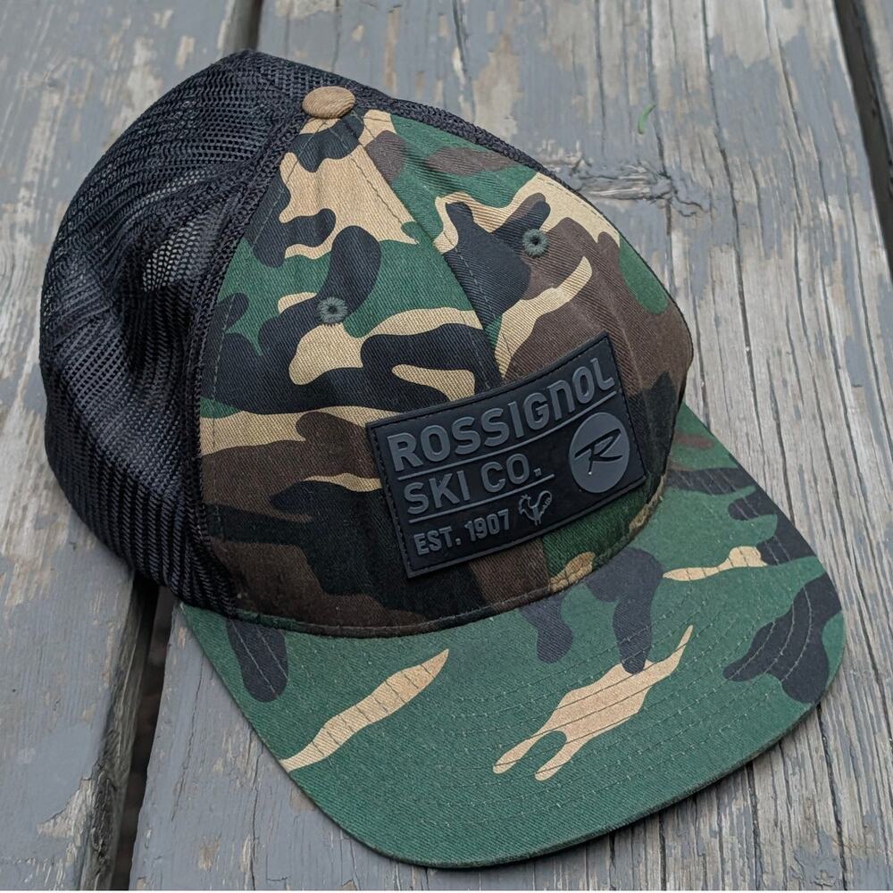 Rossignol Ski Co. Camo Trucker Hat Cap Mesh Back Rubber Patch Wool Blend